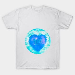 AQUA LOVE HEART CIRCLE, BLUE AND TURQUOISE, HANDWRITTEN WORD LOVE T-Shirt